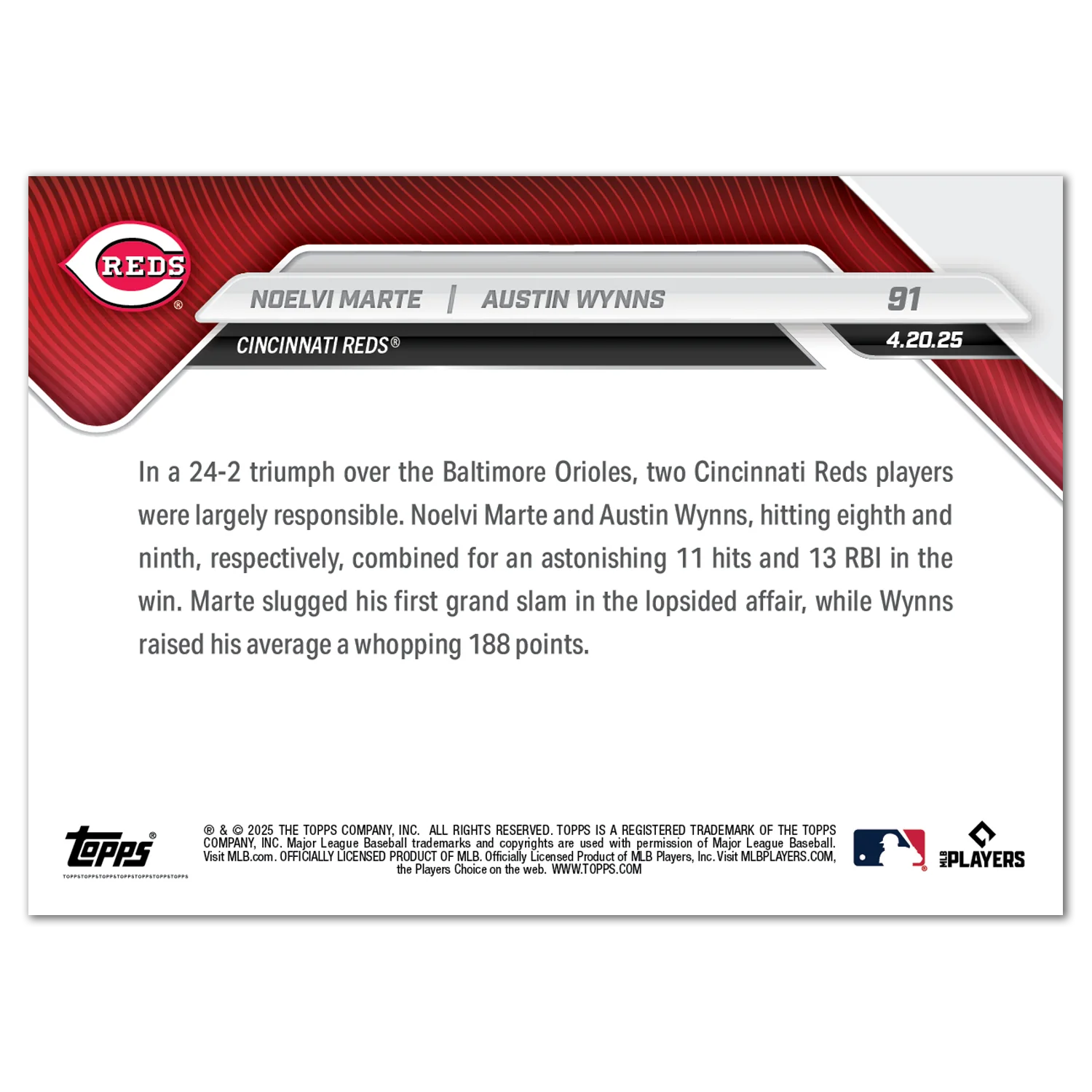 Noelvi Marte/Austin Wynns - 2025 MLB Topps NOW® - Card 91