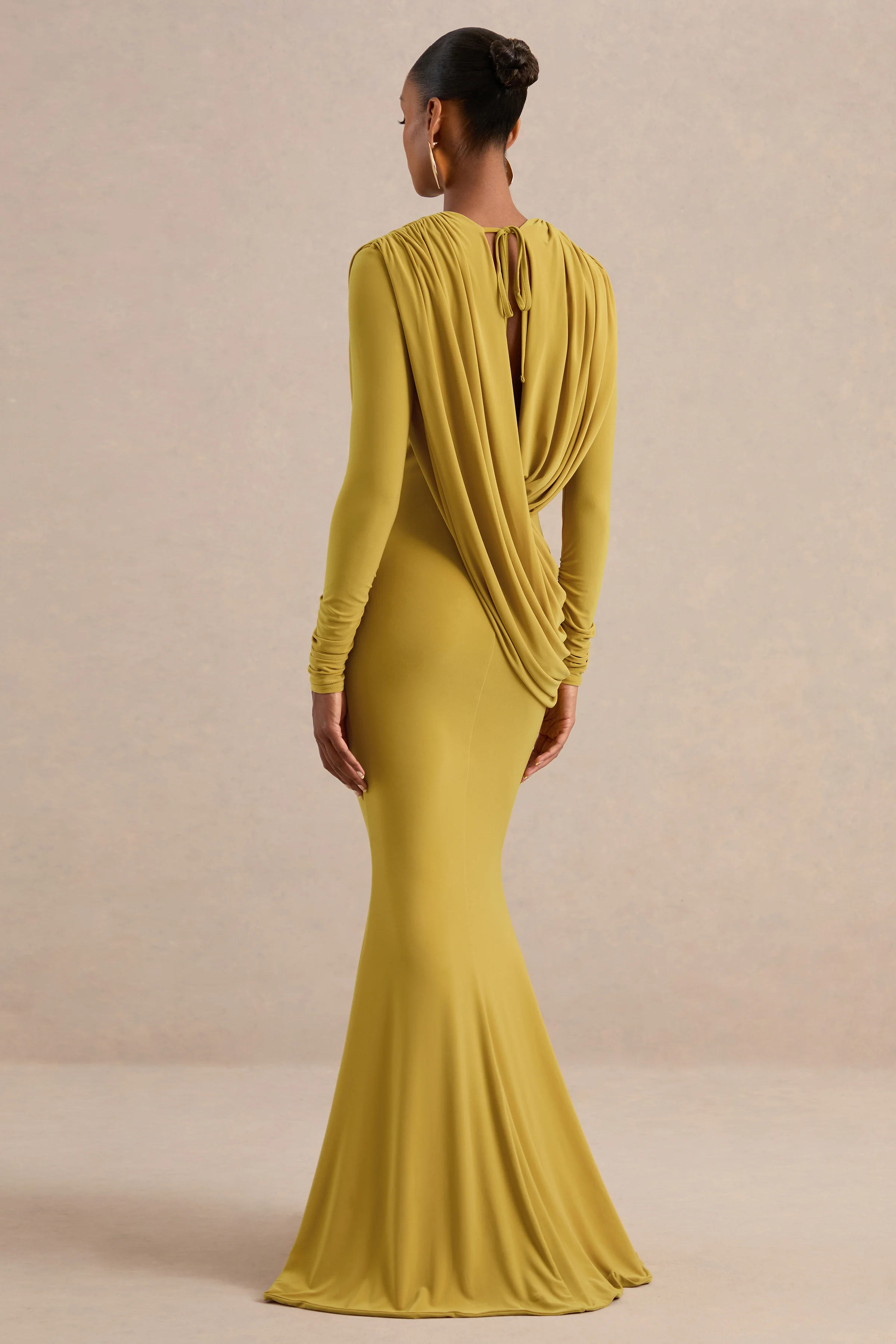 Azmina | Mustard Jersey Ruched V Neck Long Sleeve Maxi Dress With Draped Detailing And Low Back