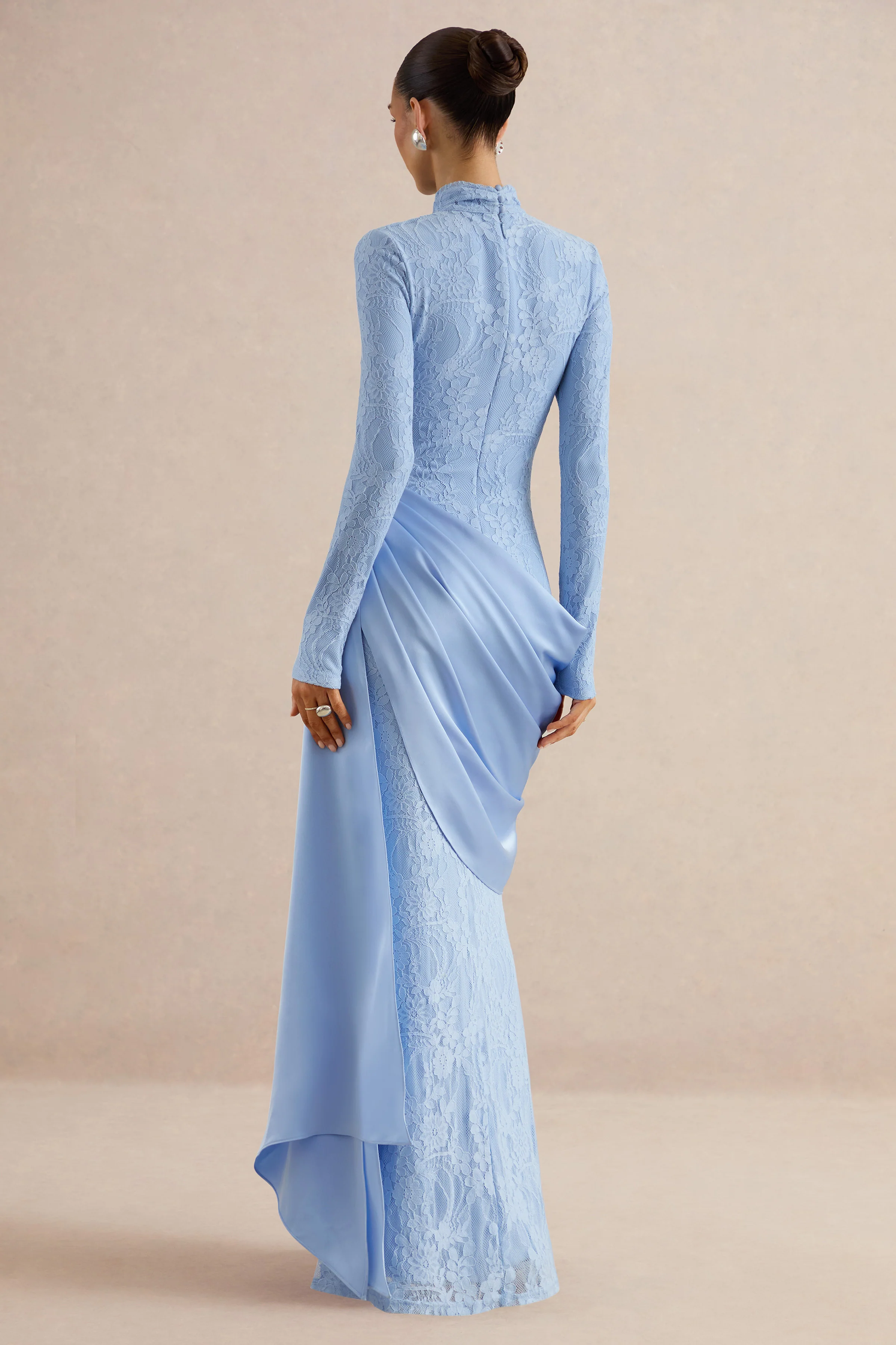 Enestra | Powder Blue Lace High Neck Long Sleeve Maxi Dress With Draped Detailing And Sash