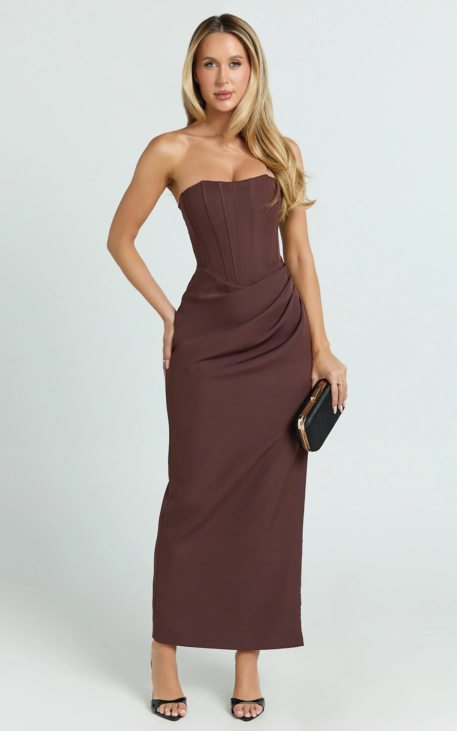 Avery Midi Dress - Strapless Draped Side Split Dress in Chocolate