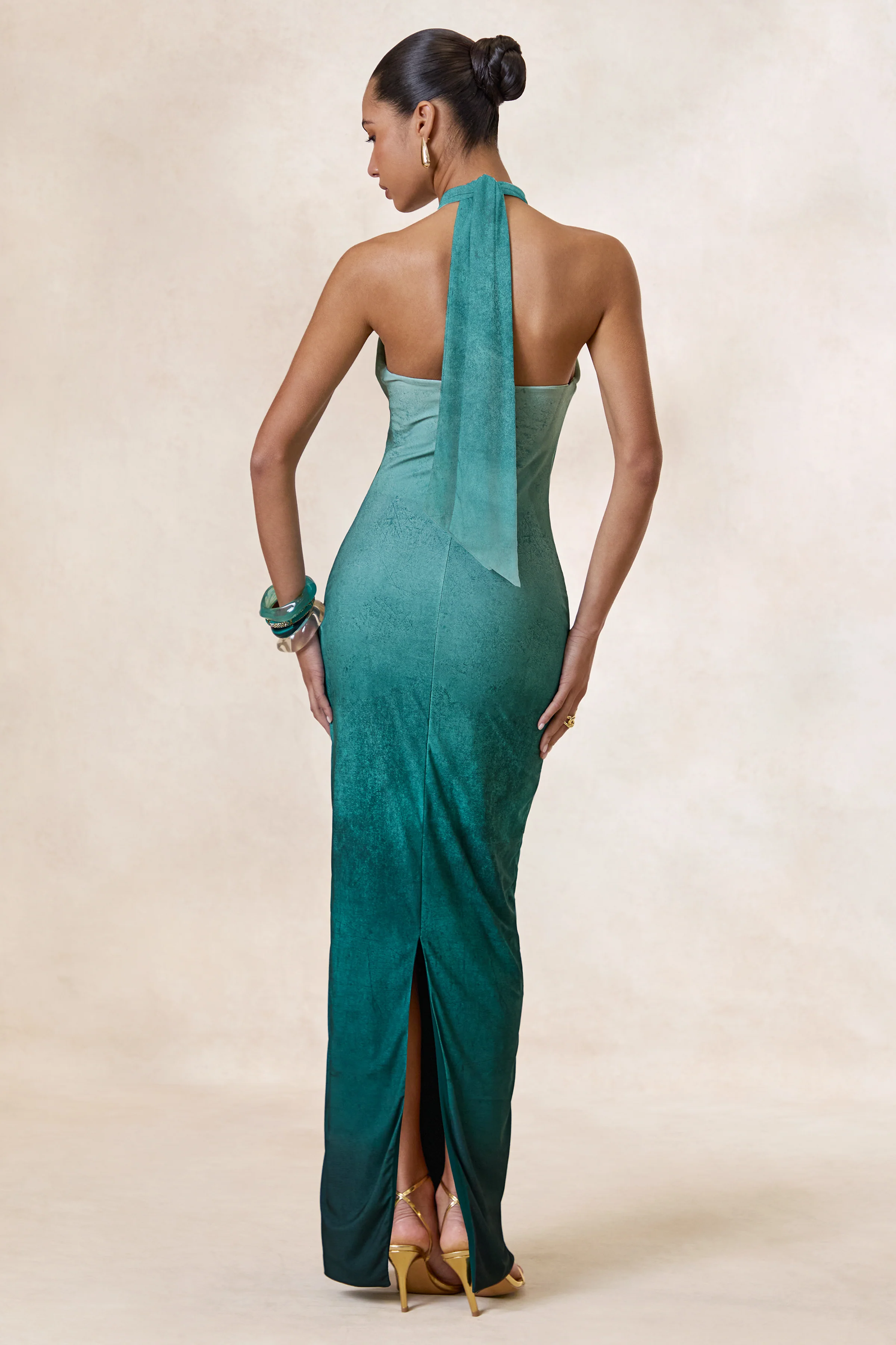 Thera | Turquoise Ombre Print Jersey Halter Maxi Dress With Gold Trim Detailing And Back Split