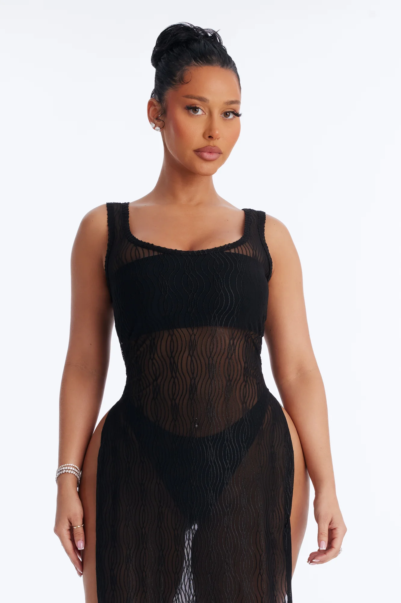 Live In The Moment Mesh Cover Up High Slit Dress - Black