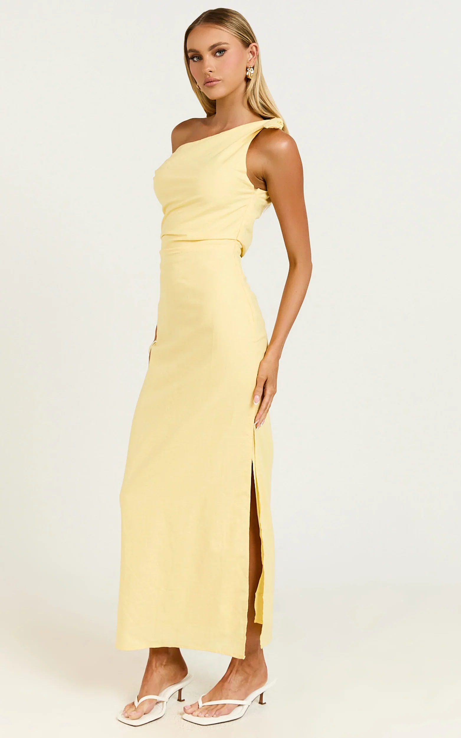 Cincinnati Midi Dress - Off The Shoulder Side Split Column Linen Dress in Lemon