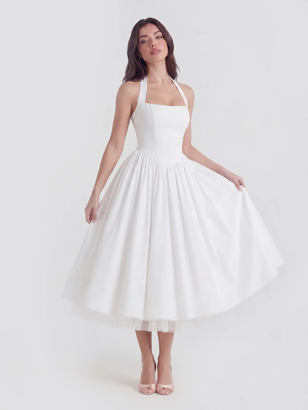 Lace-Up Halter Midi with Exposed Tulle Hem