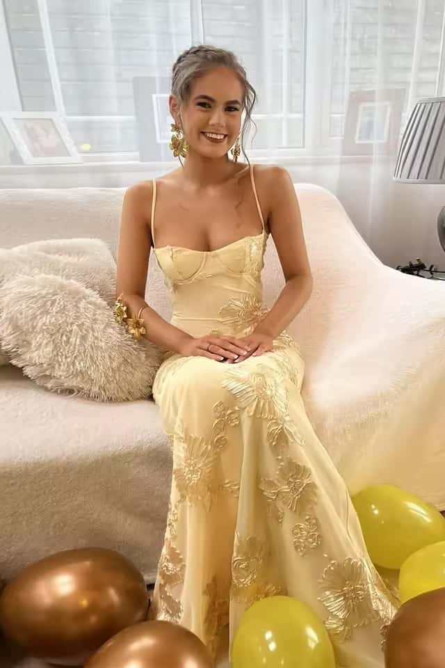 Yellow Embroidered Fitted Straps Dress