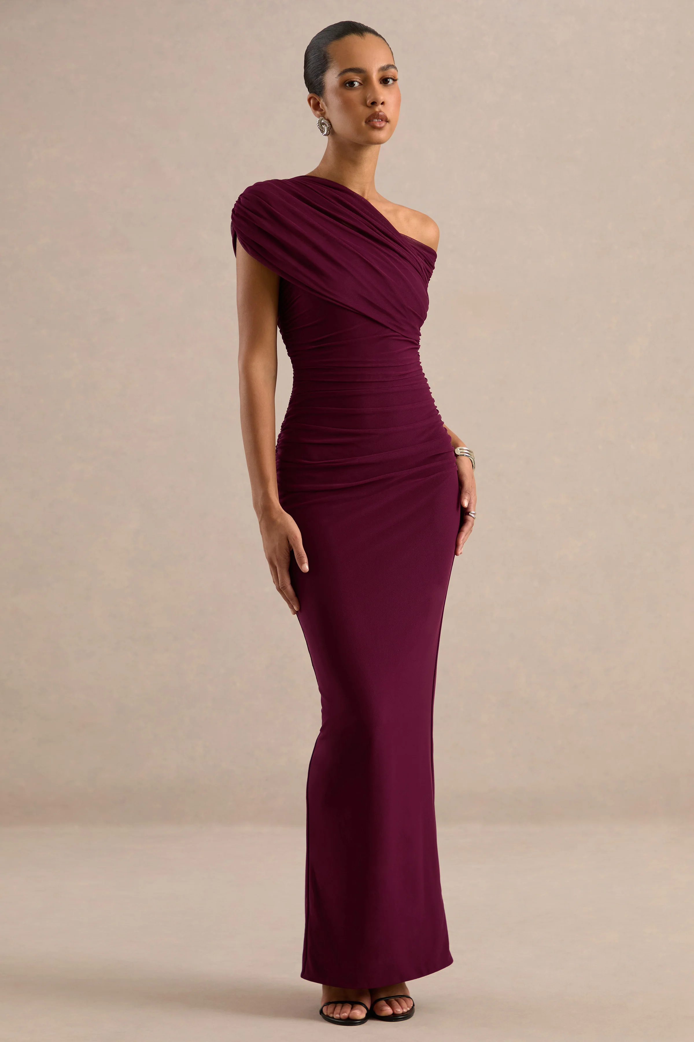 Crescentia | Burgundy Jersey One Shoulder Short Sleeve Maxi Dress With Ruching