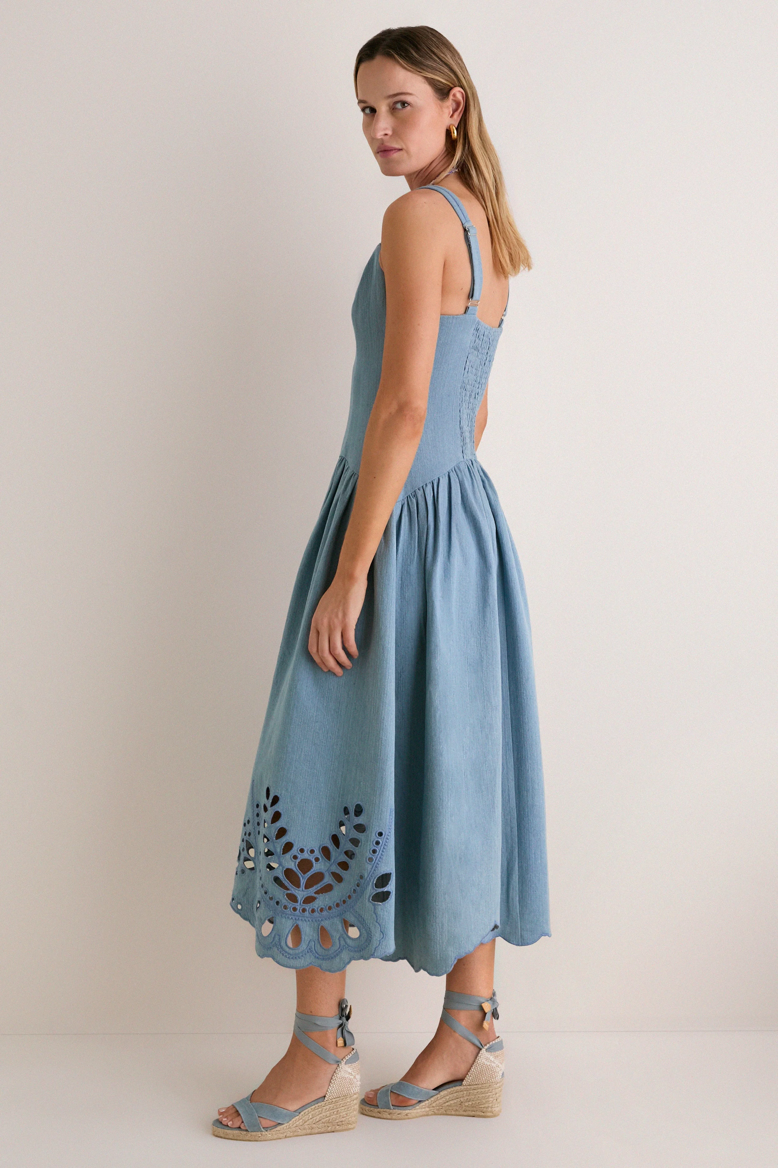 Light Blue V-Neck Eyelet Detail Midi Dress