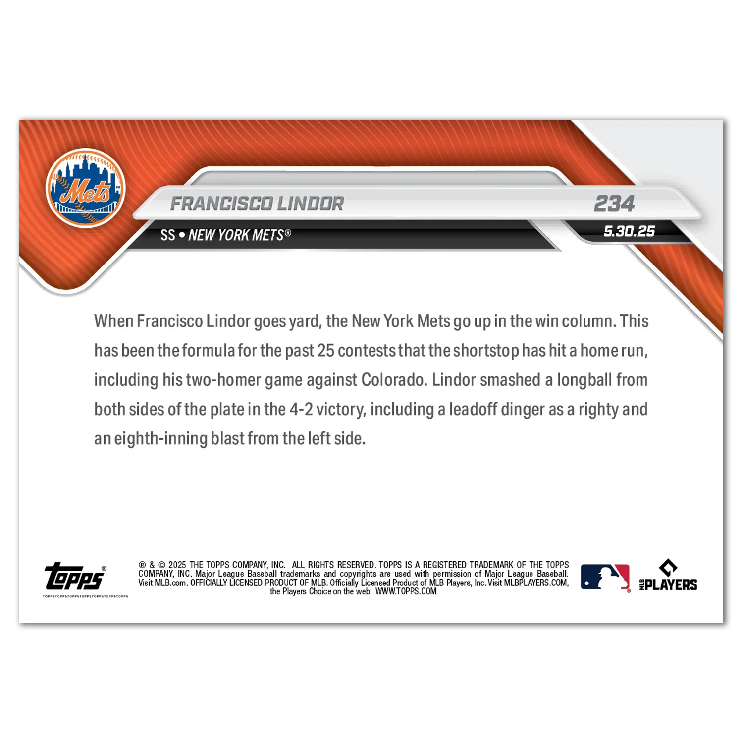 Francisco Lindor - 2025 MLB Topps NOW® - Card 234