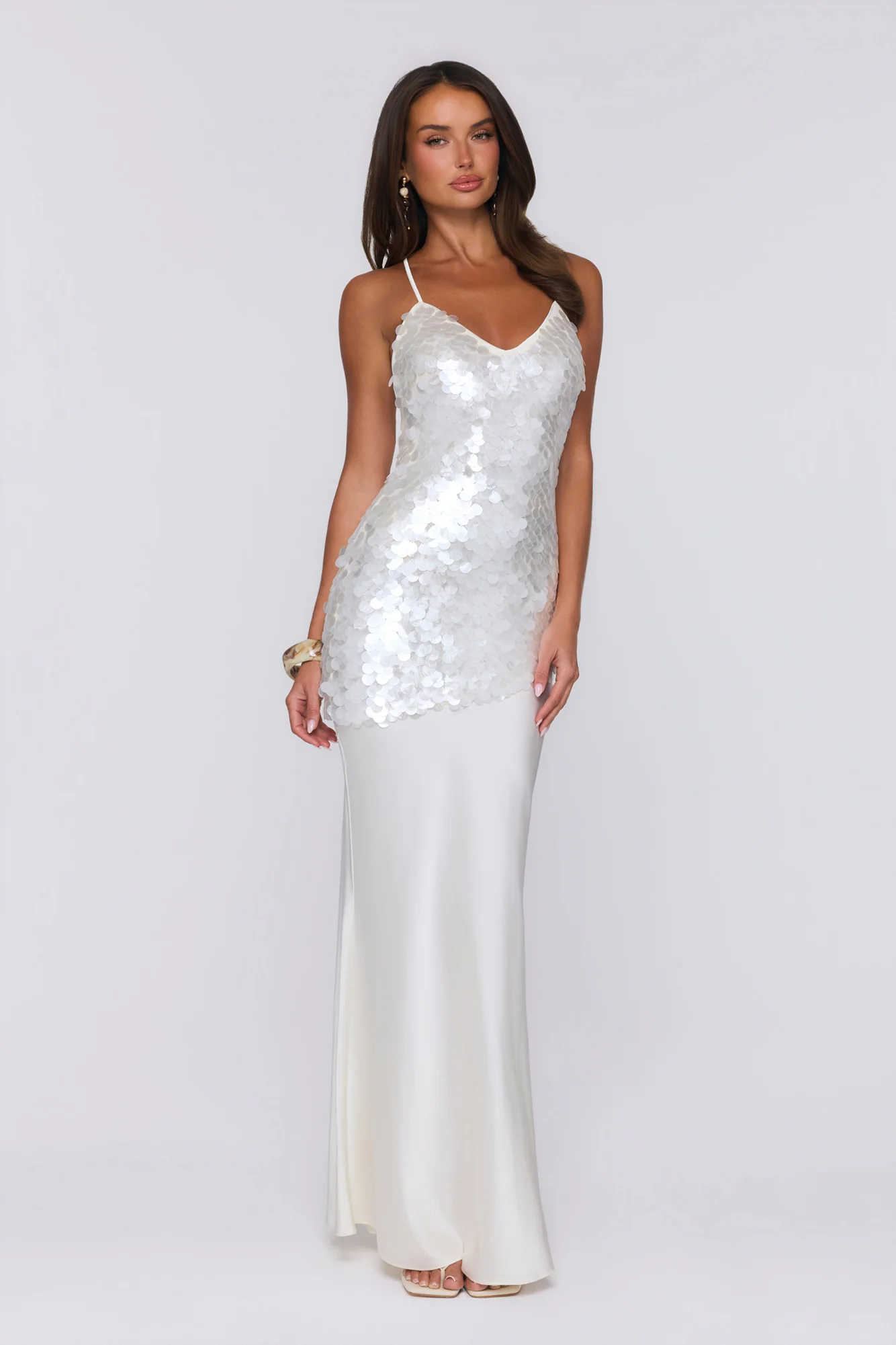 Shimmer Glow Sequin Maxi Dress Ecru White