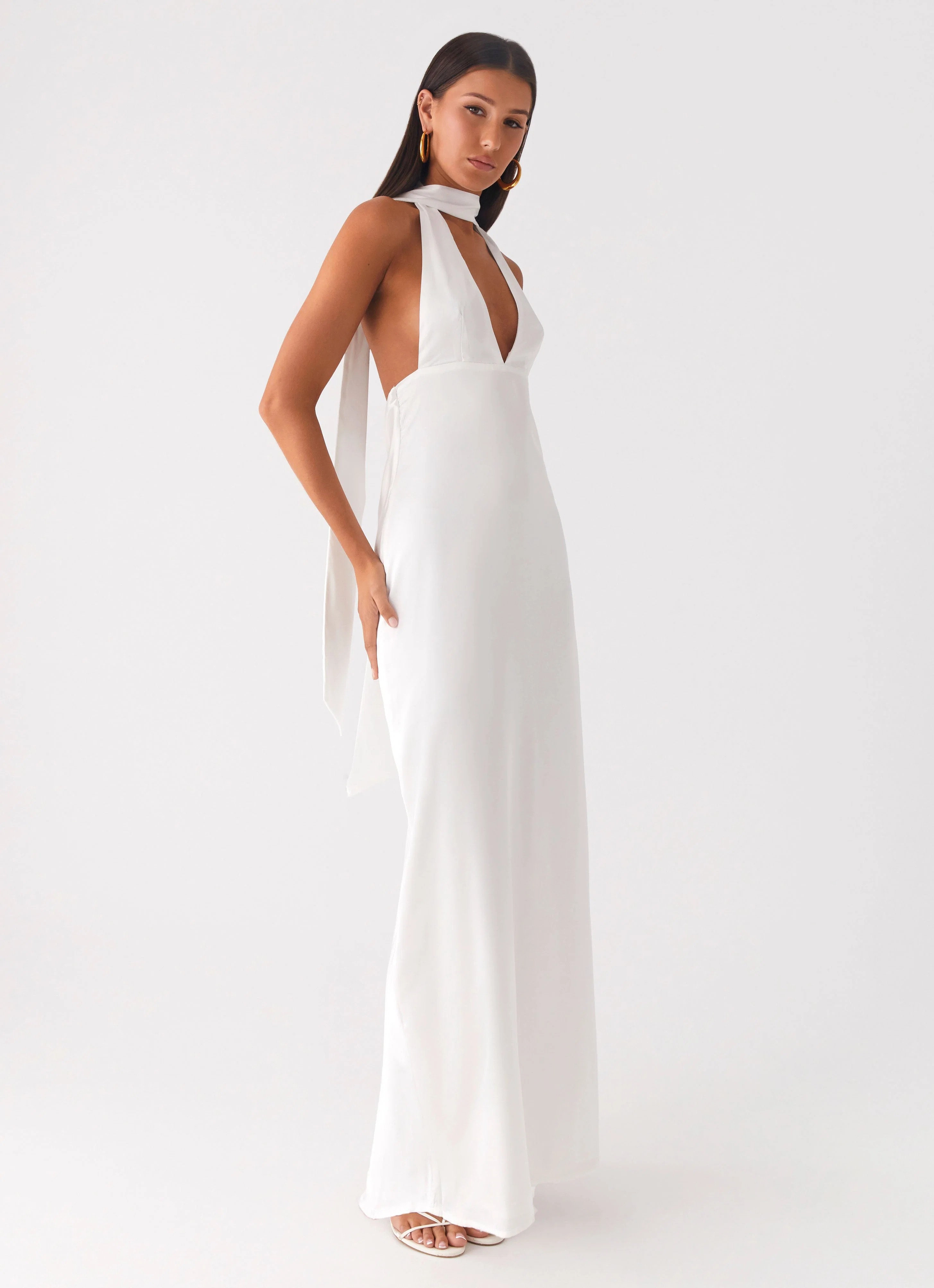 Alicia Satin Halter Maxi Dress - White