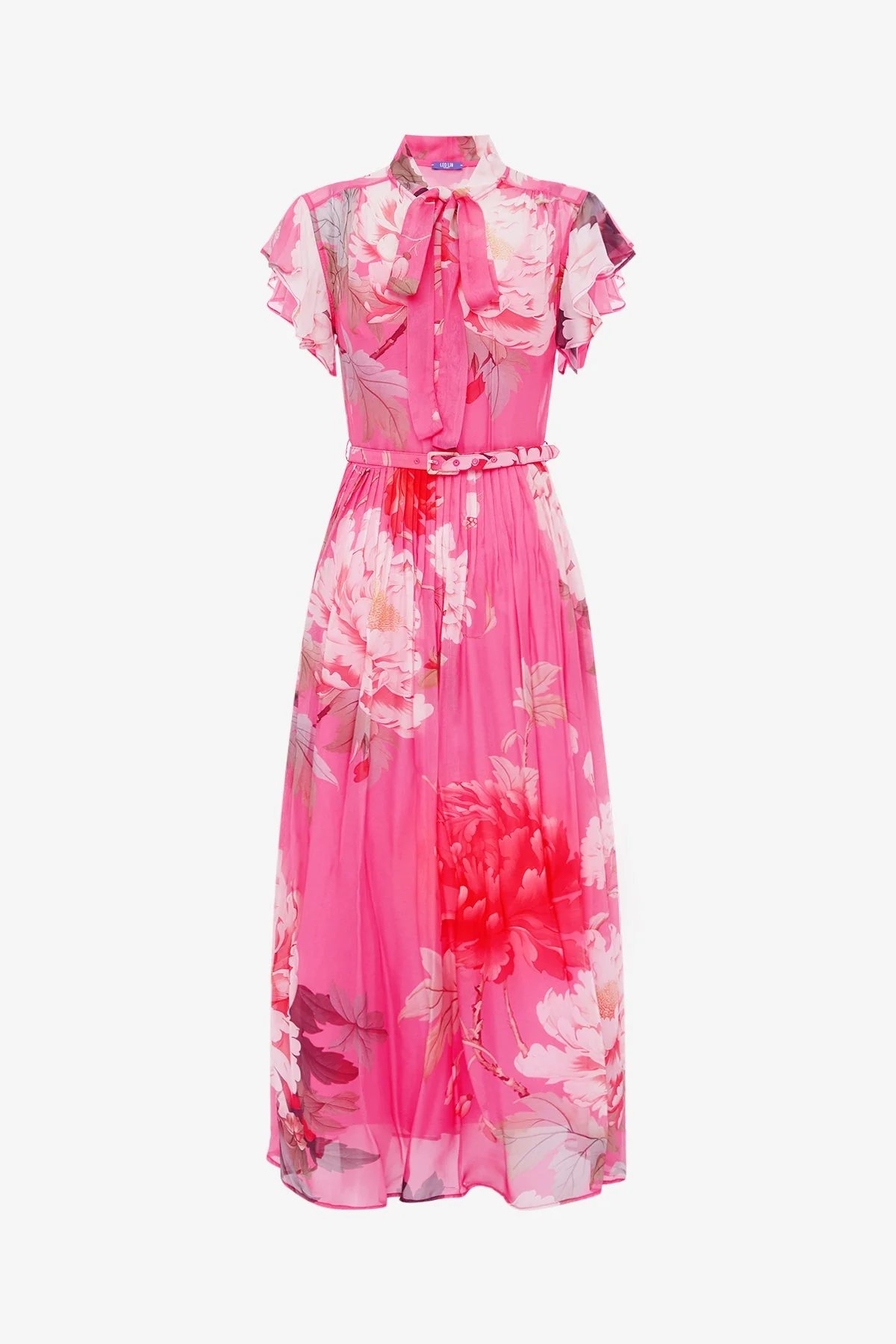 Grace Flutter Sleeve Midi Dress - Peony Print in Fuchsia