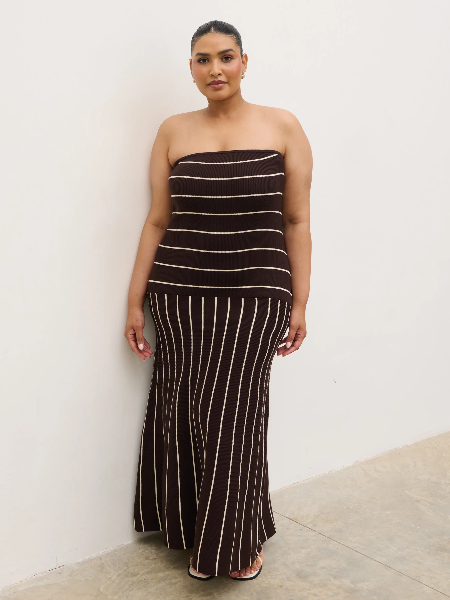 Pixie Bandeau Stripe Knit Long Midaxi Dress Curve - Brown