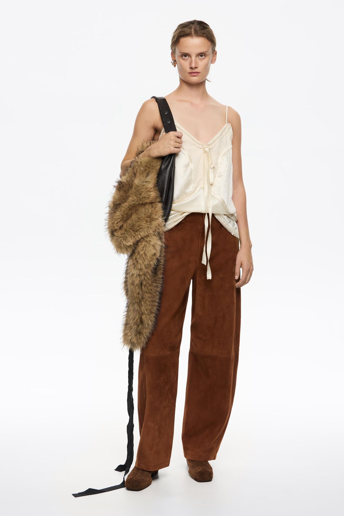 Caramel leather barrel leg trousers