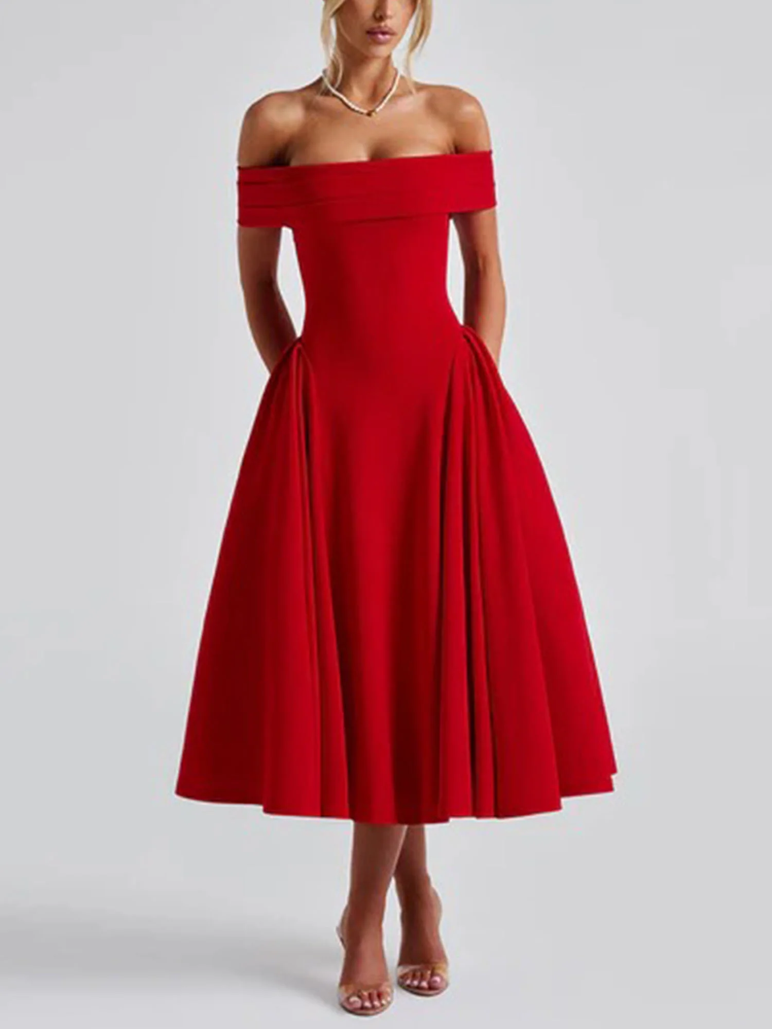 Red Off-Shoulder Vintage-Inspired Midi Dress