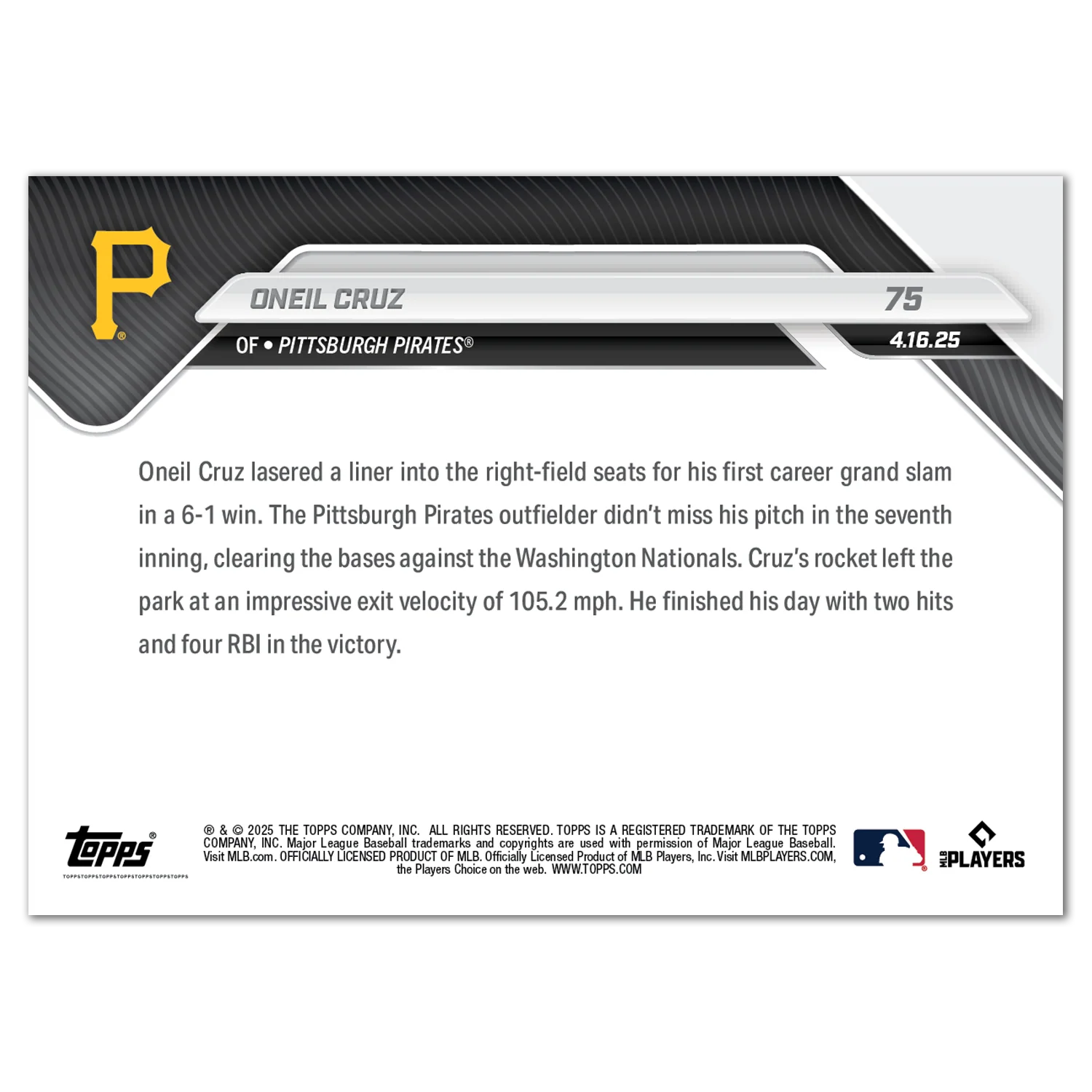 Oneil Cruz - 2025 MLB Topps NOW® - Card 75