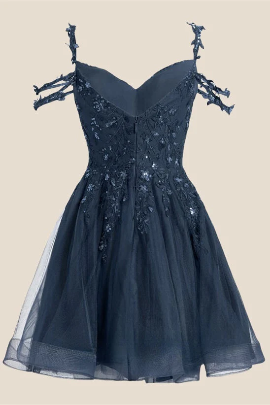 Cold Shoulder Navy Blue Sequin Short Dress