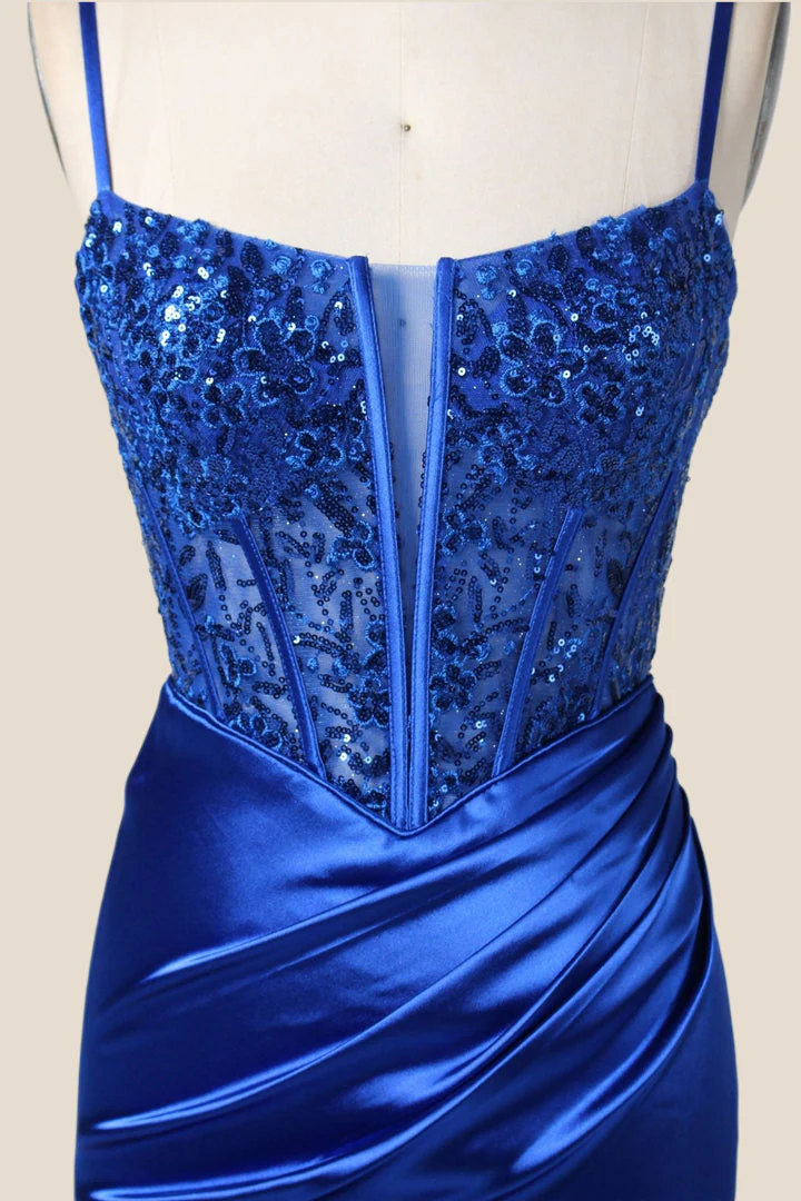 Royal Blue Appliques Ruched Mermaid Long Formal Dress