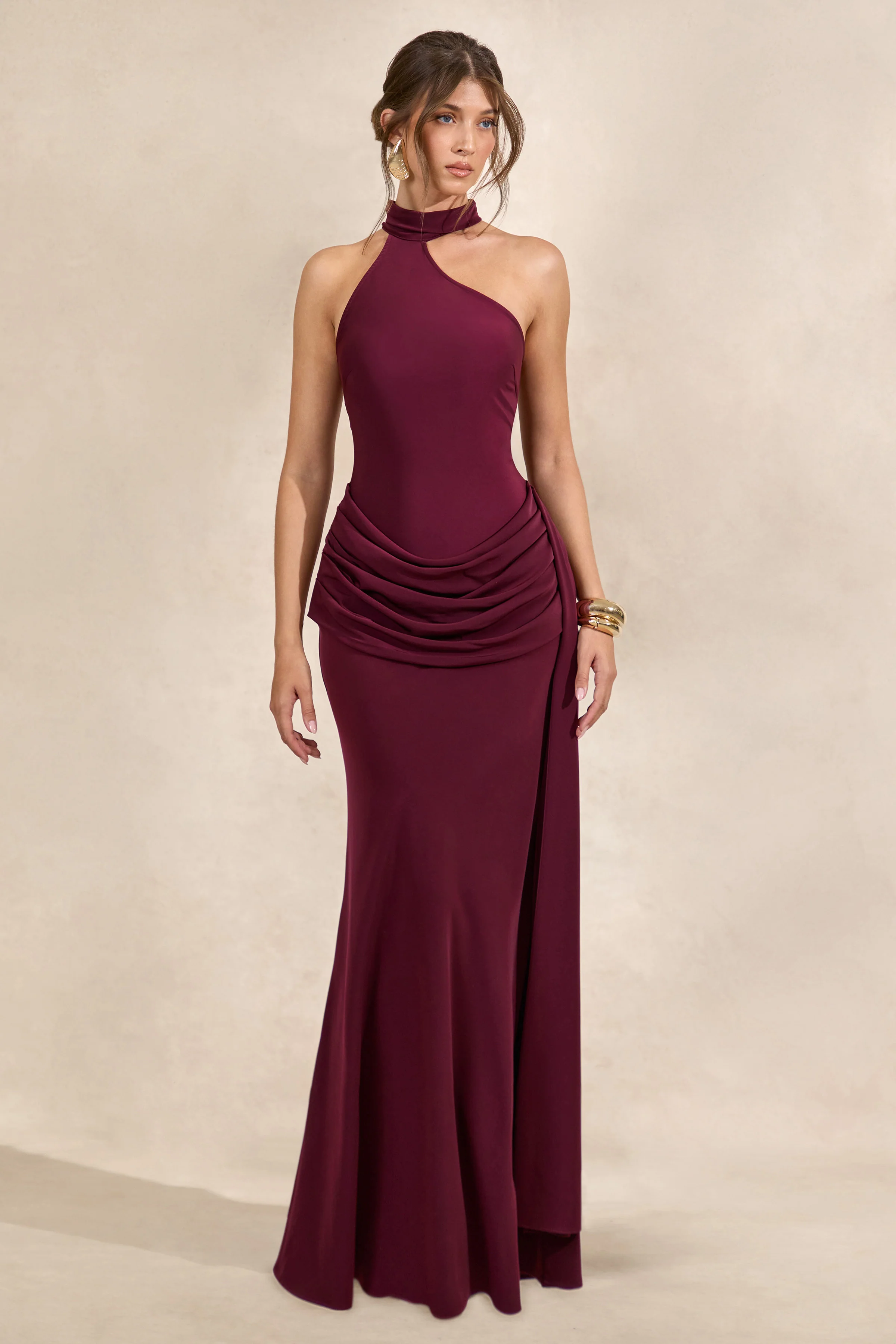 Aevina | Burgundy Satin Asymmetric-Neck Maxi Dress With Scarf-Detail