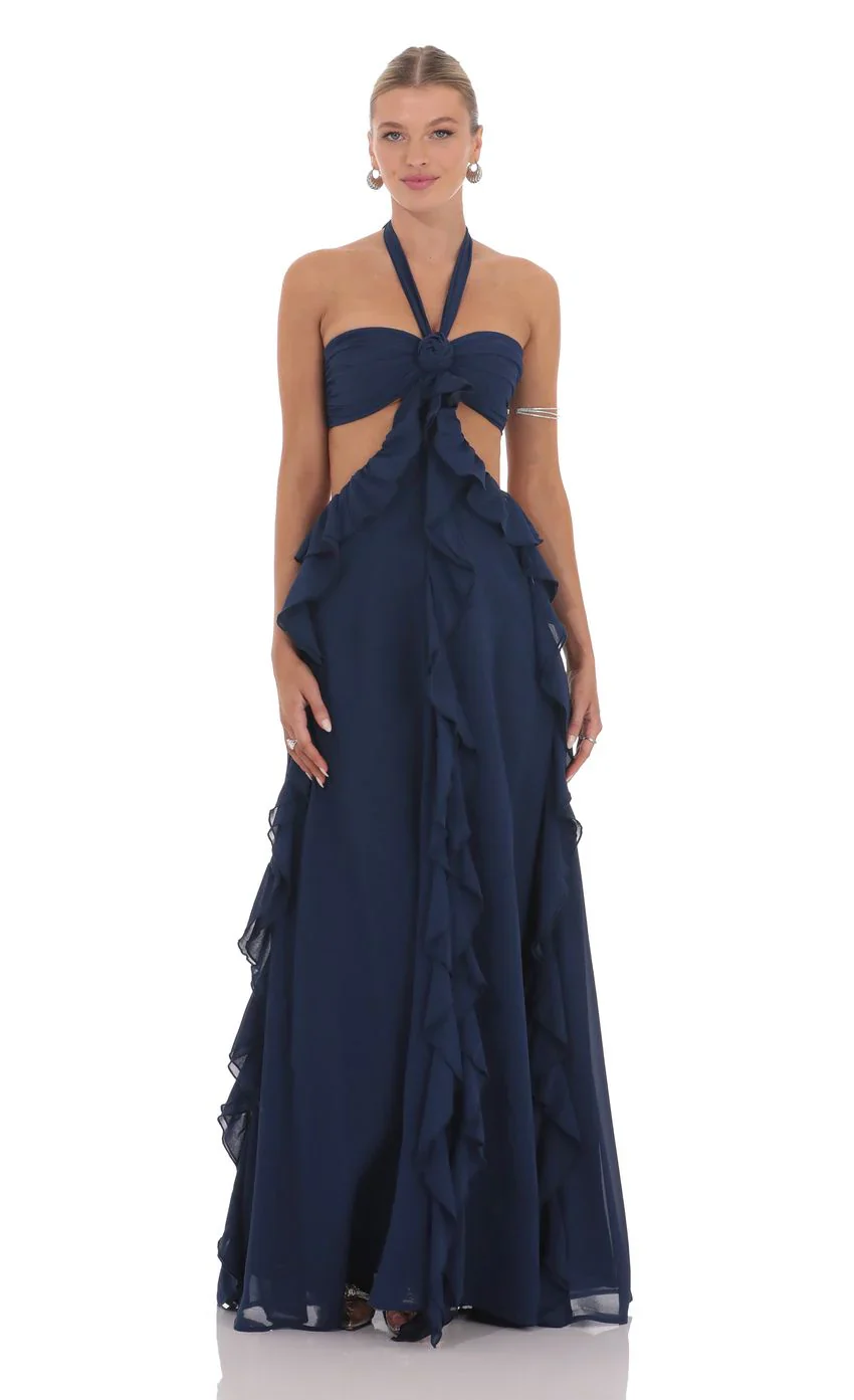 Chiffon Cutout Ruffle Maxi Dress in Navy