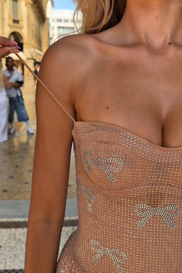 Embellished Strappy Skater Mini Dress in Almond
