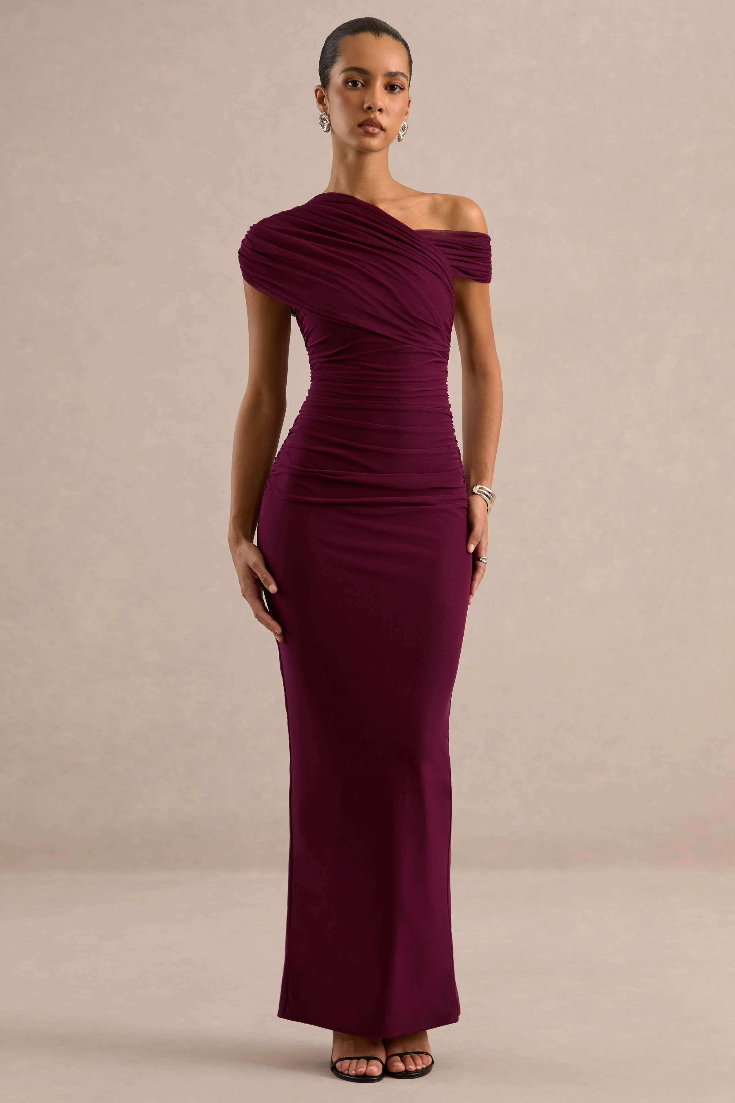 Crescentia | Burgundy Jersey One Shoulder Short Sleeve Maxi Dress With Ruching