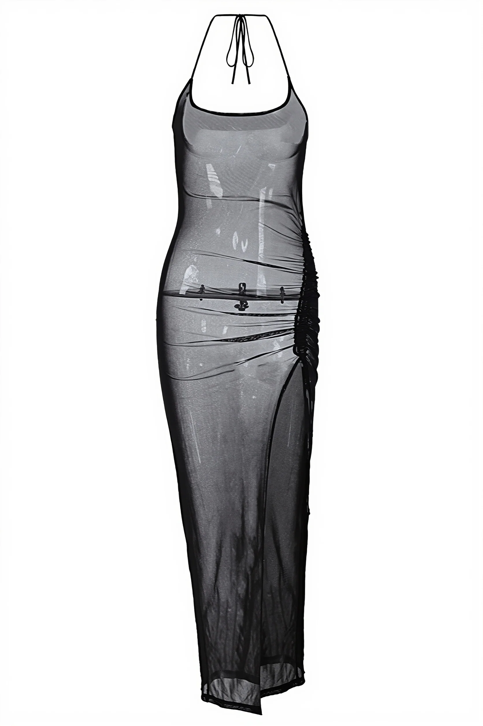 Sexy Sheer Mesh Insert Side Slit Bodycon Maxi Dress
