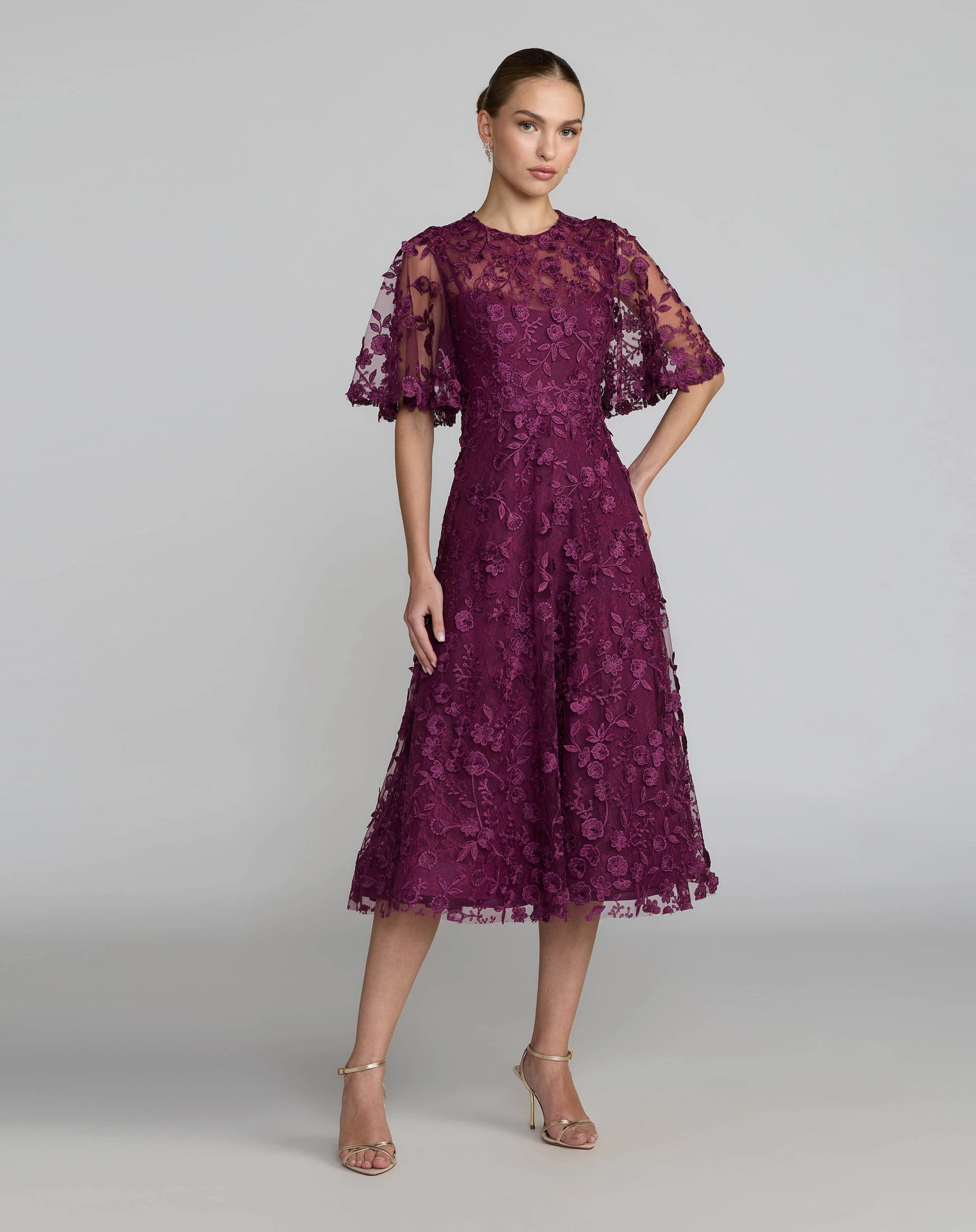 Purple Flutter Sleeve Embroidered Midi Dress