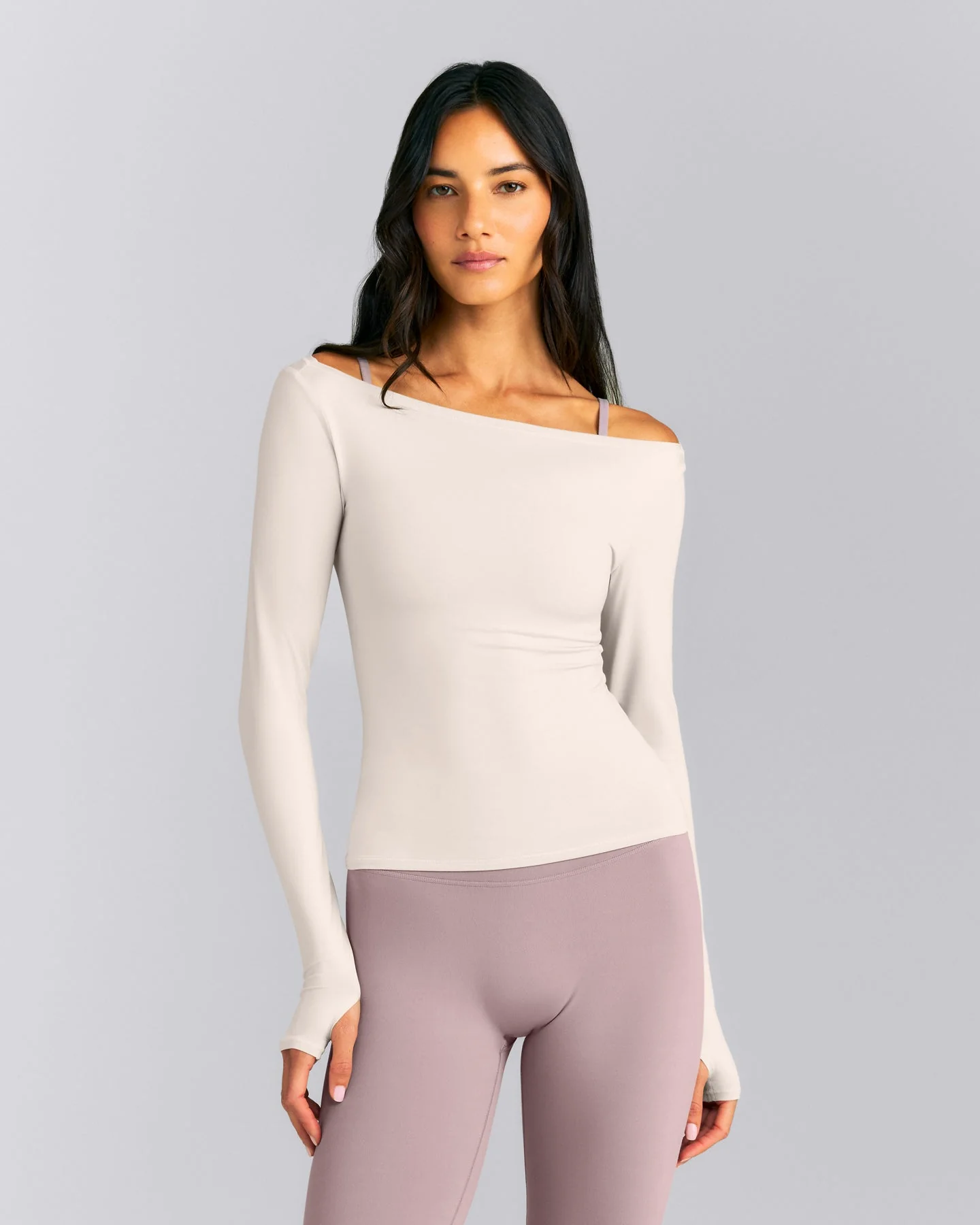 FormeSoft™ Fitted Off-The-Shoulder Long Sleeve Top | Sand