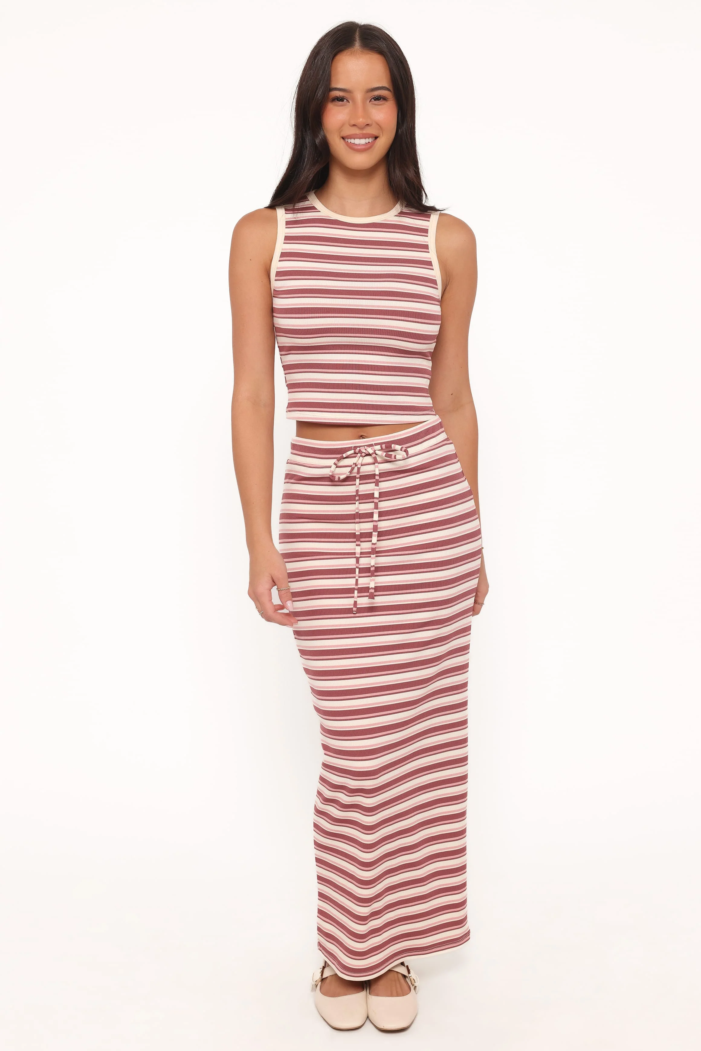 Kelly Maxi Skirt Set - Burgundy/Pink Stripe