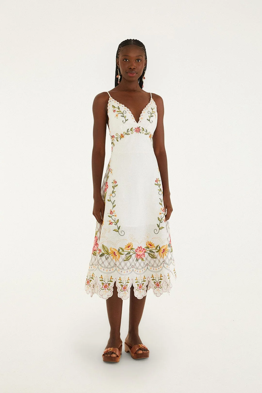 Off-White Flower Embroidery Asymetric Hem Midi Dress