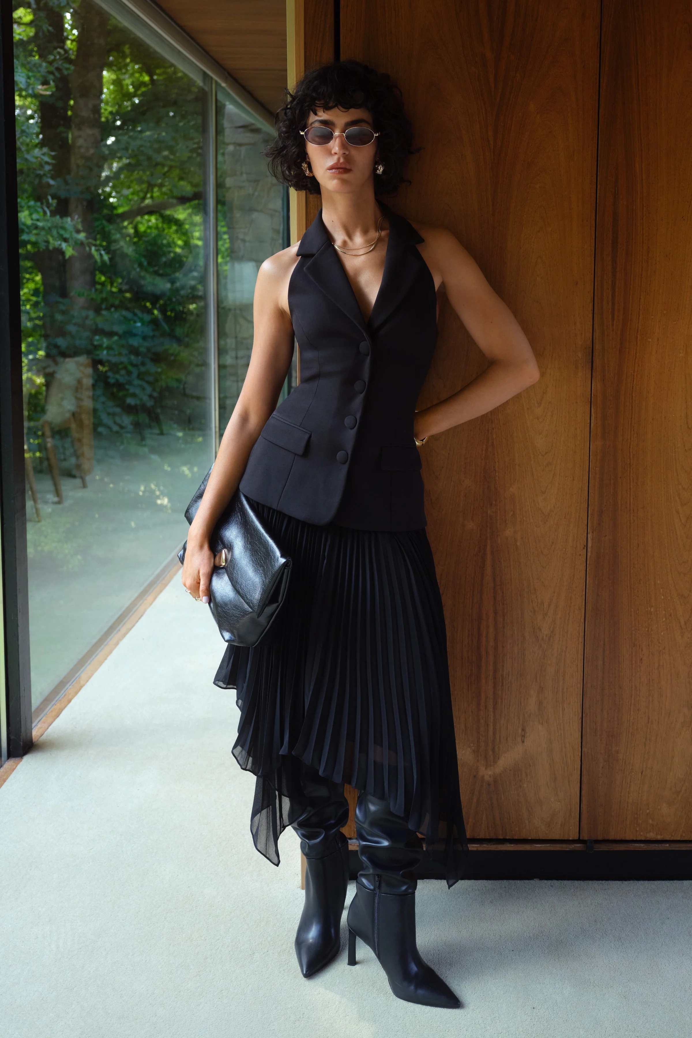 Marvelle | Black V Neck Maxi Dress With Pleated Skirt
