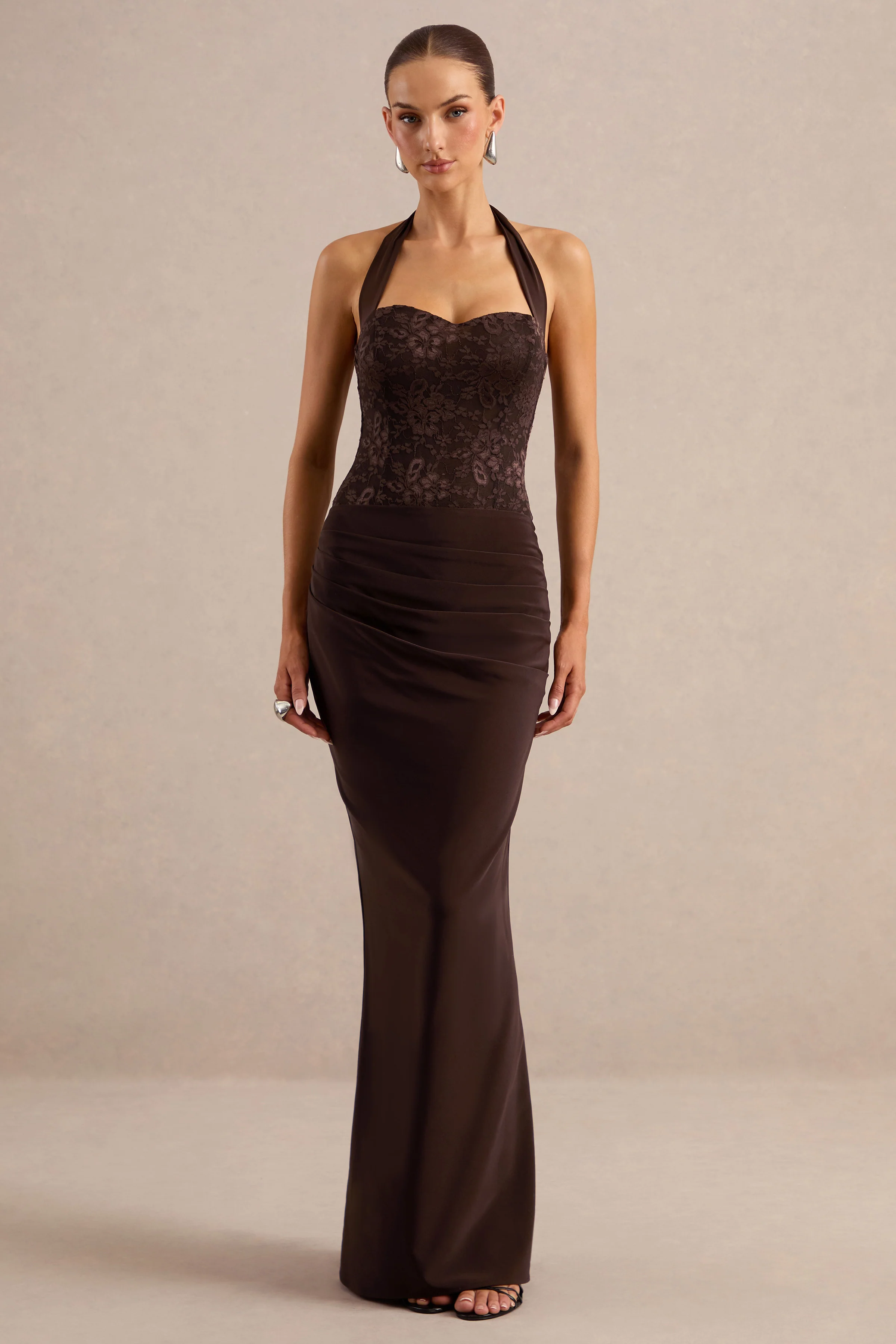 Sylisse | Dark Brown Satin Mid Rise Maxi Skirt With Draped Detailing And Back Split