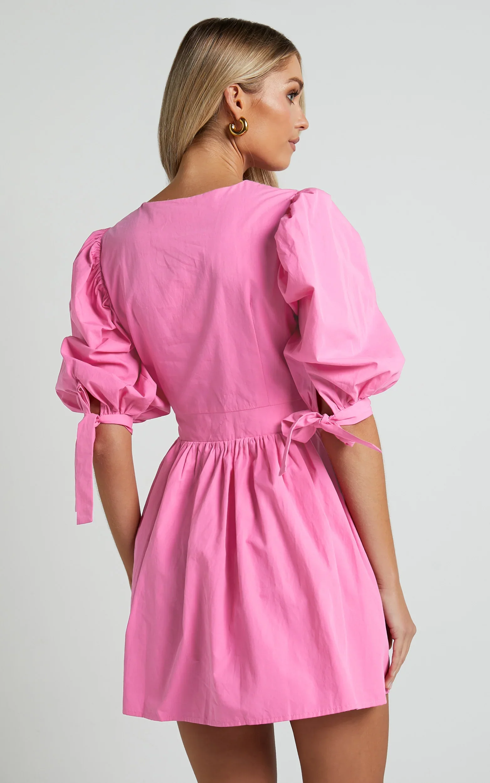 Zandra Mini Dress - Puff Sleeve Poplin Dress in ICE PINK