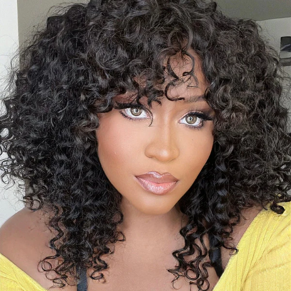 Put On & Go Water Wave No Lace Glueless Short Wig With Bangs 100% Human Hair