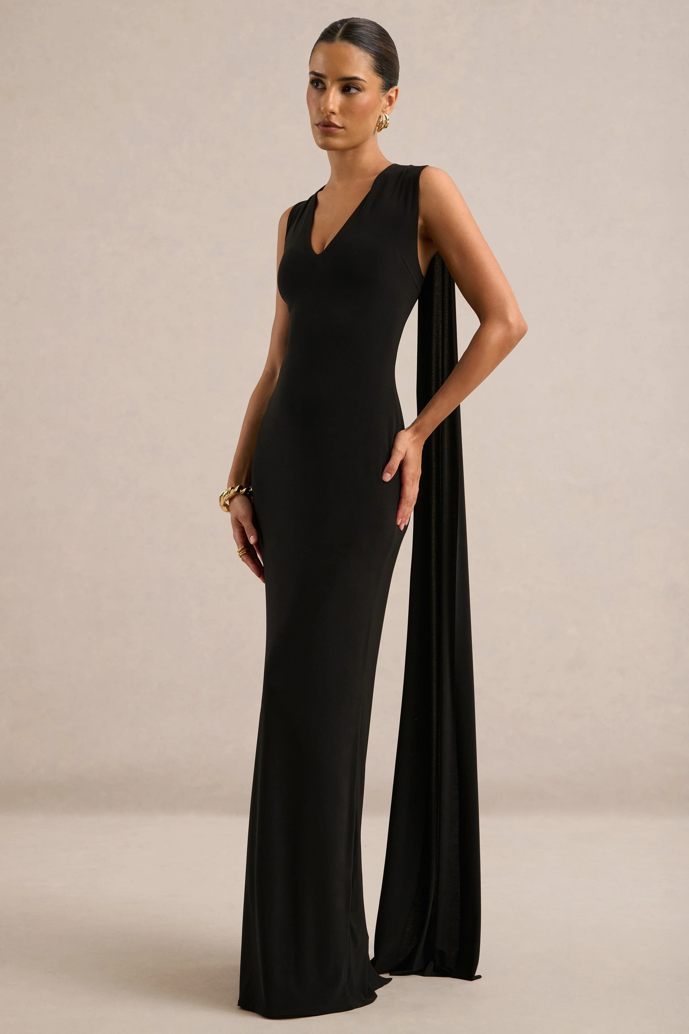 Marceline | Black Jersey Plunge Maxi Dress With Back Cape Sleeves