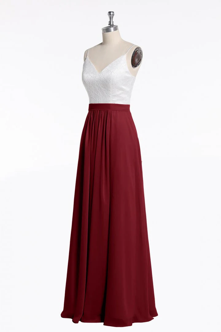 Spaghetti Straps White and Wine Red Chiffon Long Bridesmaid Dress