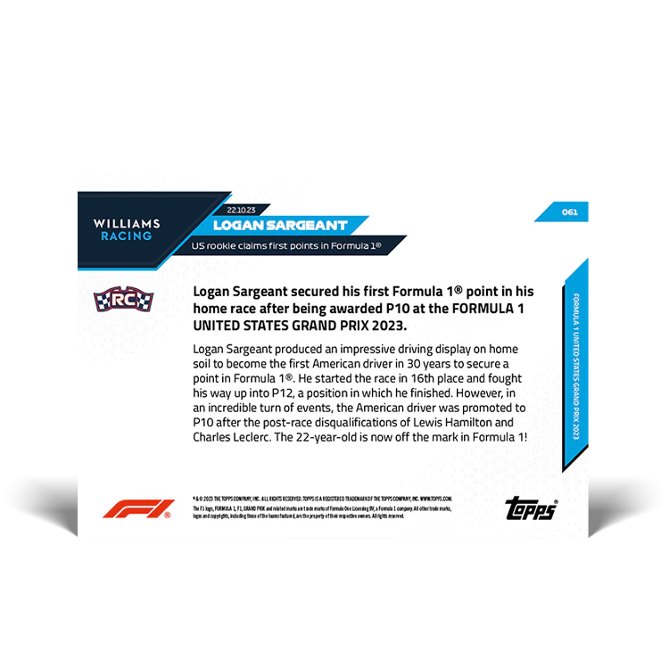 Topps UK - Logan Sargeant - US rookie claims first points in Formula 1® - F1 TOPPS NOW® Card #61
