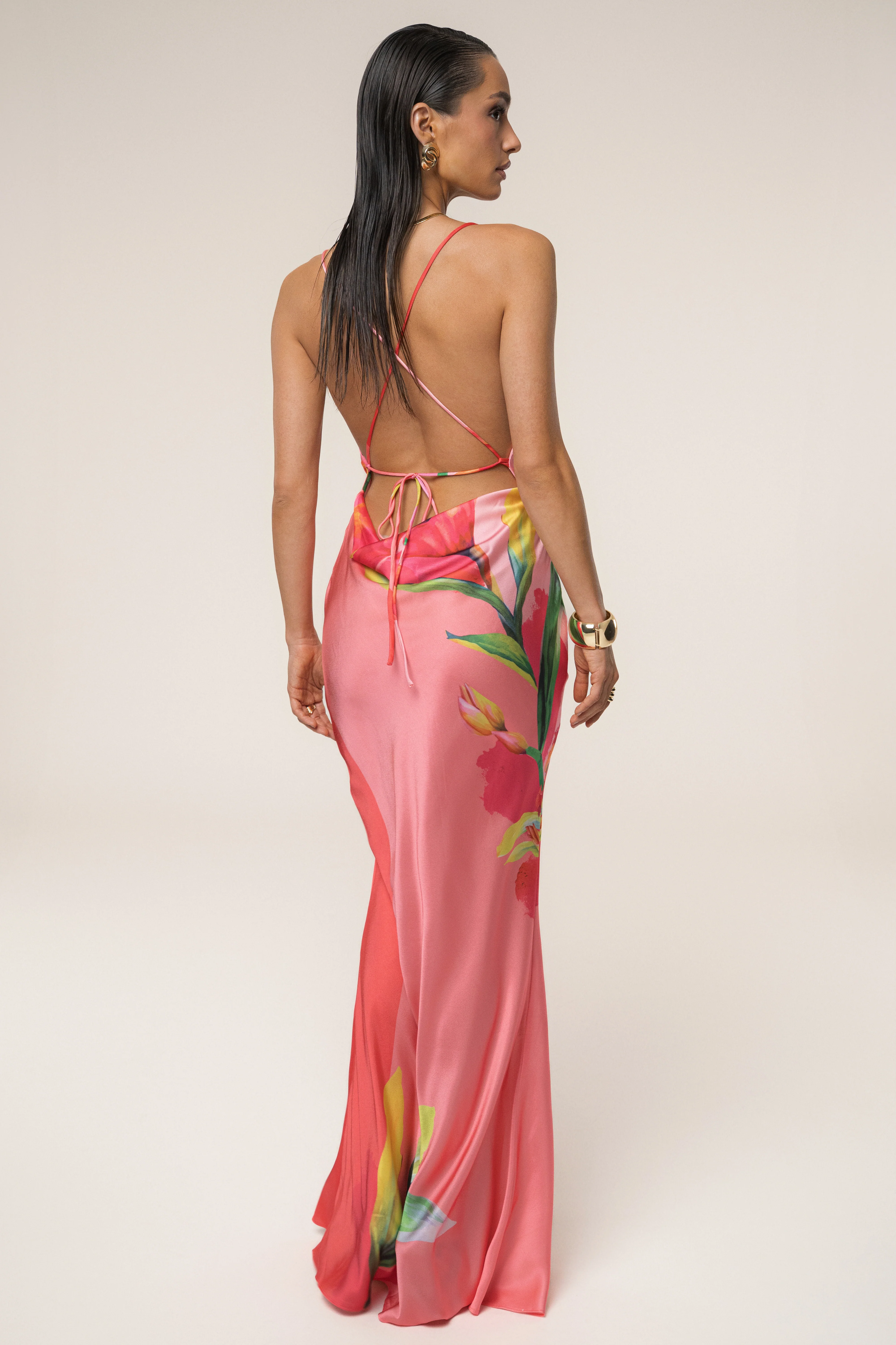 Pink Satin Floral Print Maxi Dress