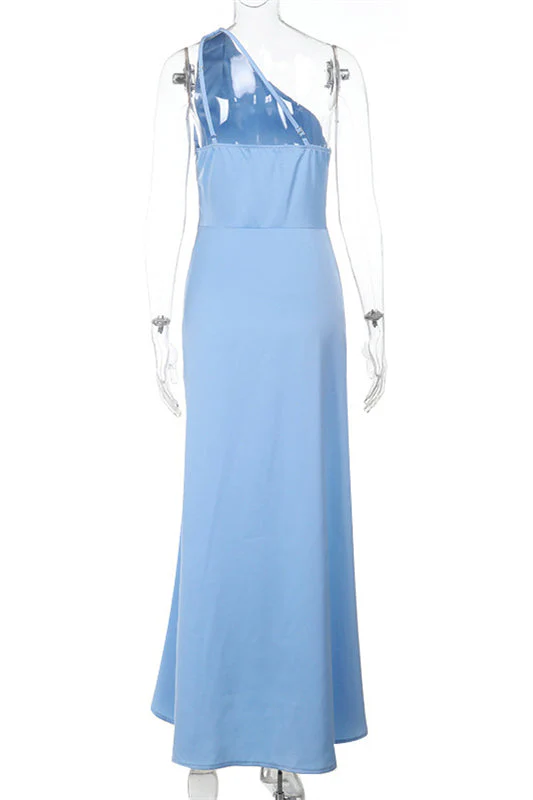 One Shoulder Blue Ruched Slit Long Dress