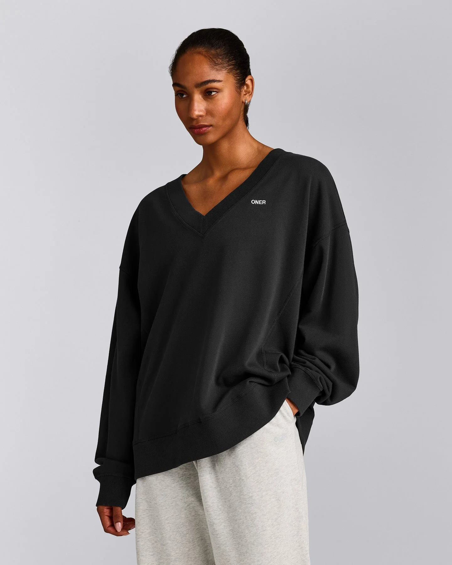 Cotton Vintage Lounge V Neck Sweatshirt | Washed Black