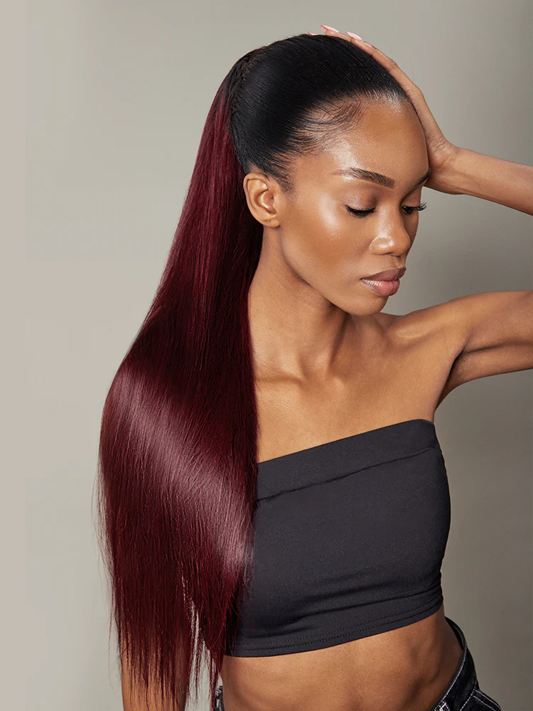 Frodio Ponypop Burgundy Seamless Straight Wrap Around Ponytail Human Hair - Ruby