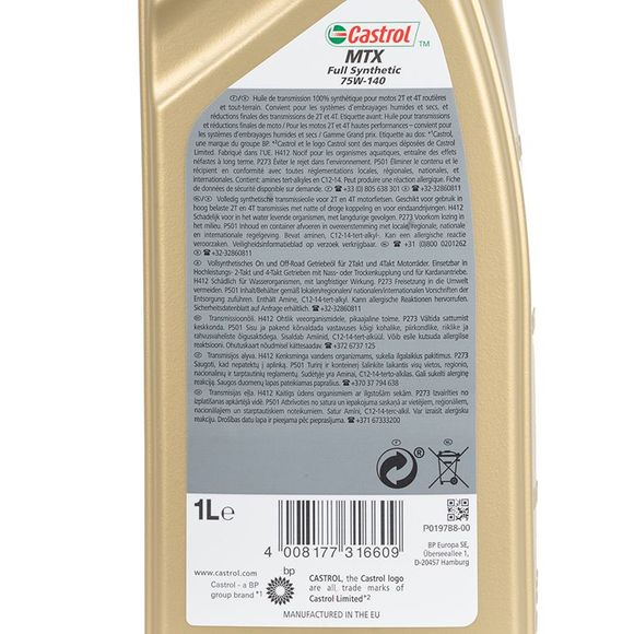 Castrol MTX FULL SYNTHETIC 75W140 1 LITER Universal Gear OilRef: cl0014 / ART -001628