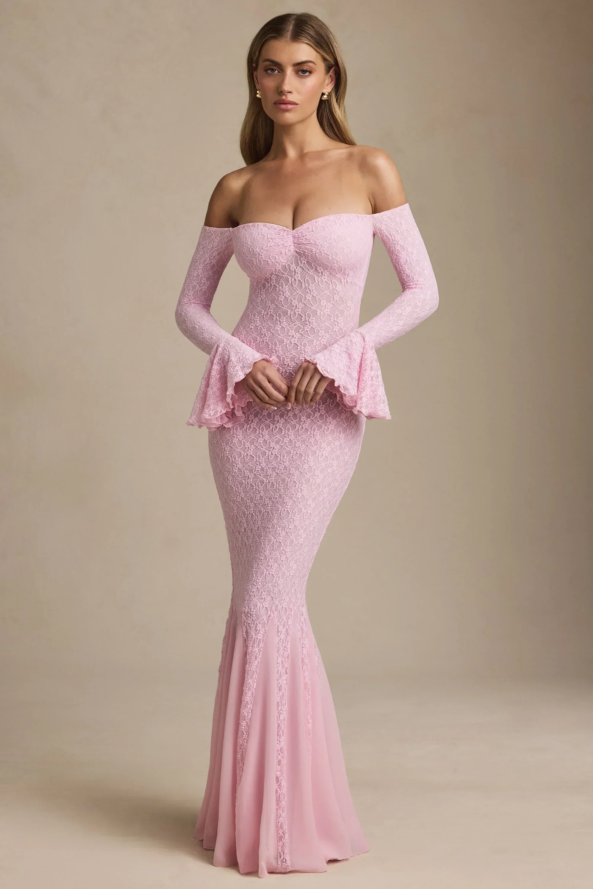 Off-Shoulder Ruffle Lace Maxi Dress in Soft Pink