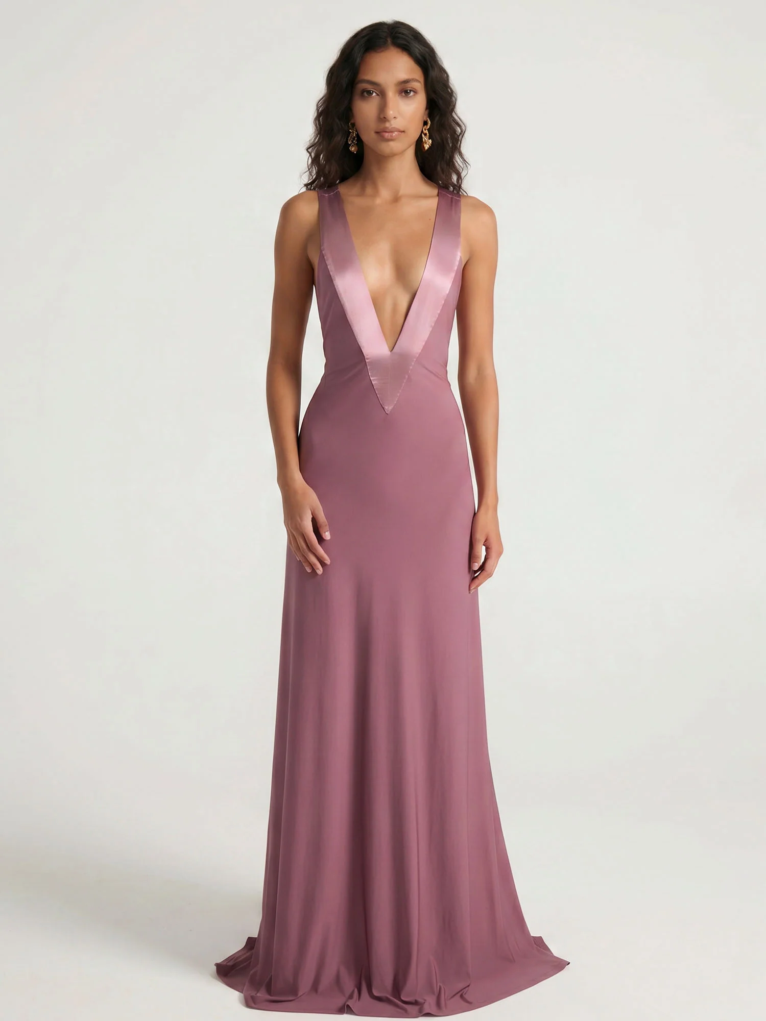 Mauve Plunge Halter Maxi Dress