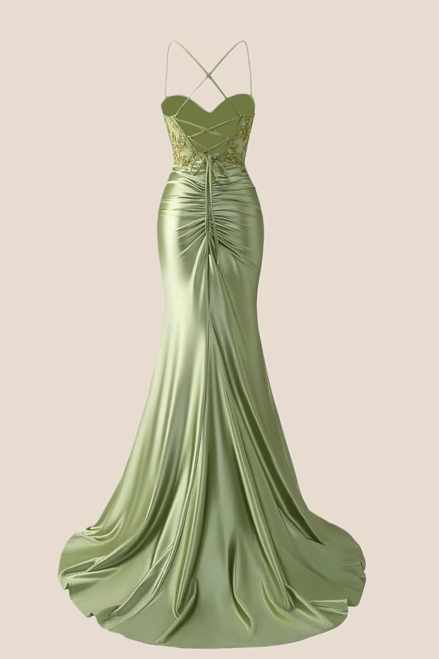 Sage Appliques Twist Satin Mermaid Prom Dress