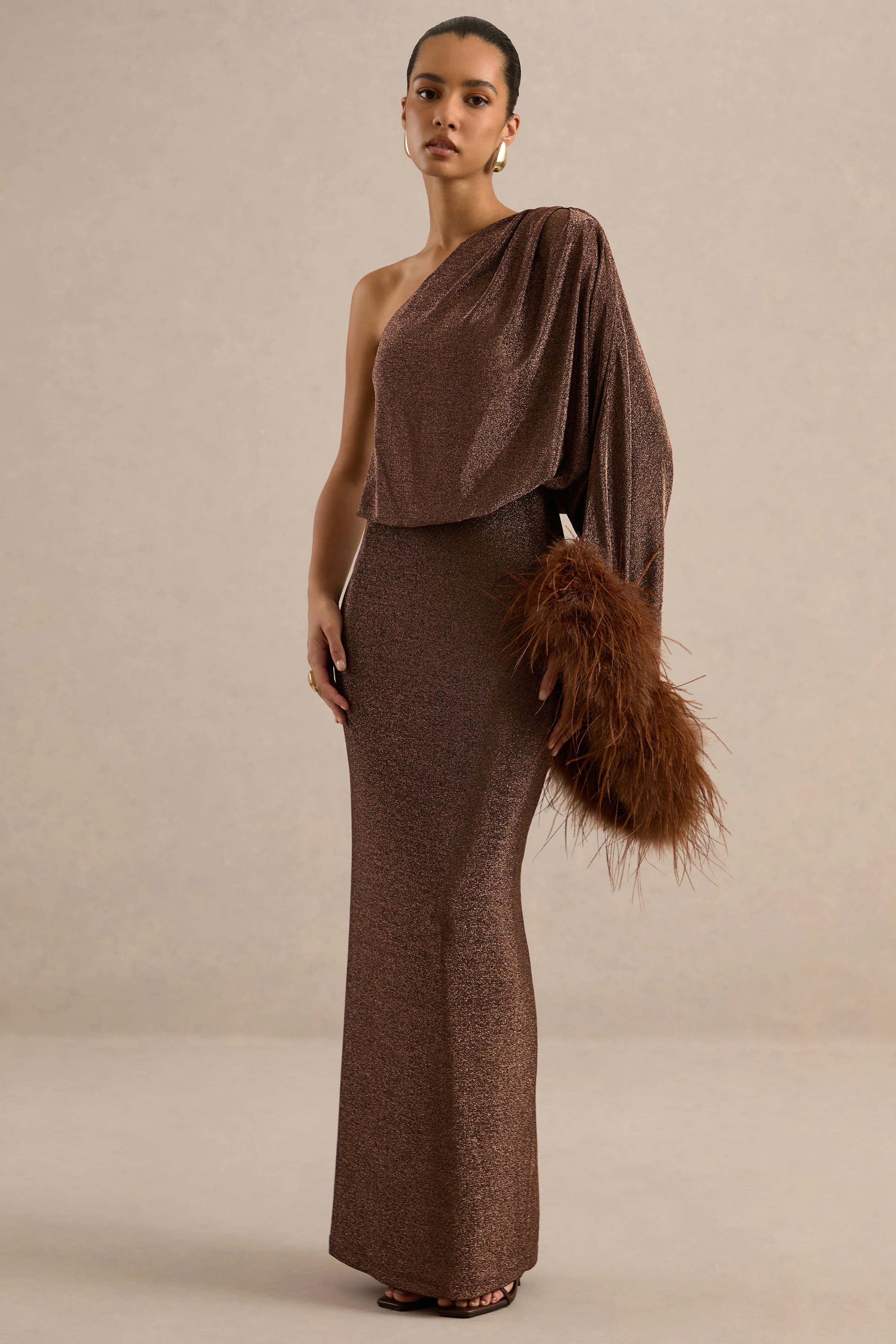 Galena | Brown Glitter One Sleeve Maxi Dress With Feather Detailing