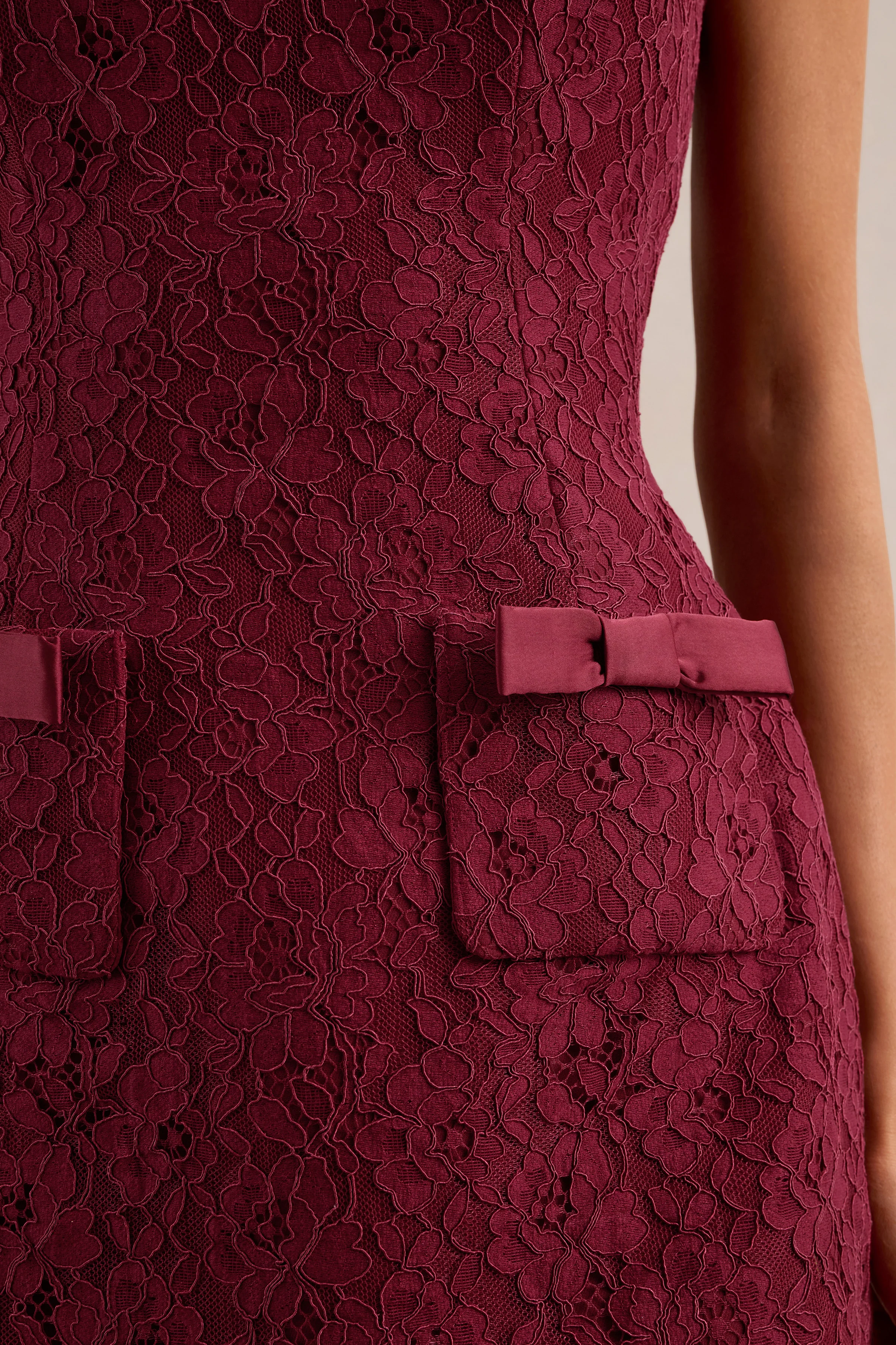 Cielle | Burgundy Lace High Neck Mini Dress With Bow Detailing
