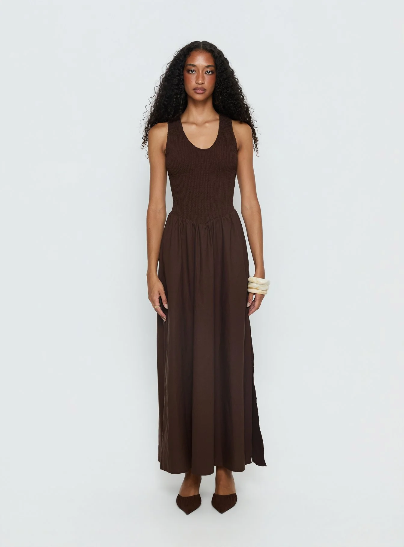 Highgate Drop Waist Pleat Detail Maxi Dress Chocolate