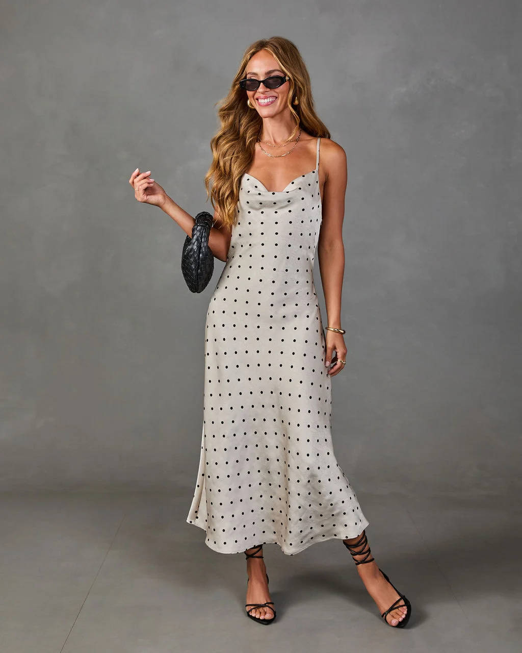 Gentle Arrival Satin Polka Dot Maxi Dress