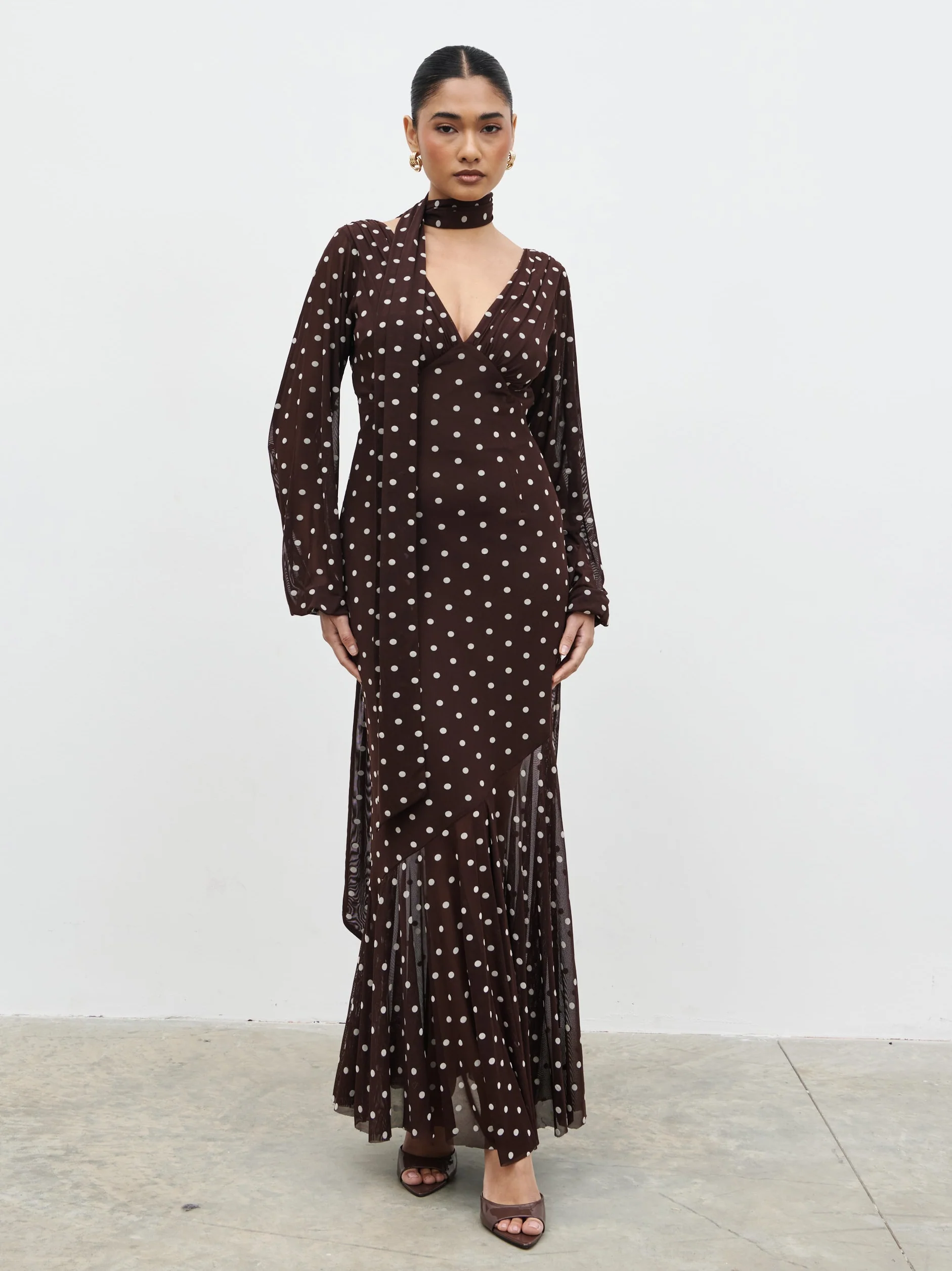 Petula Scarf Mesh Maxi Dress - Brown and Cream Polkadot